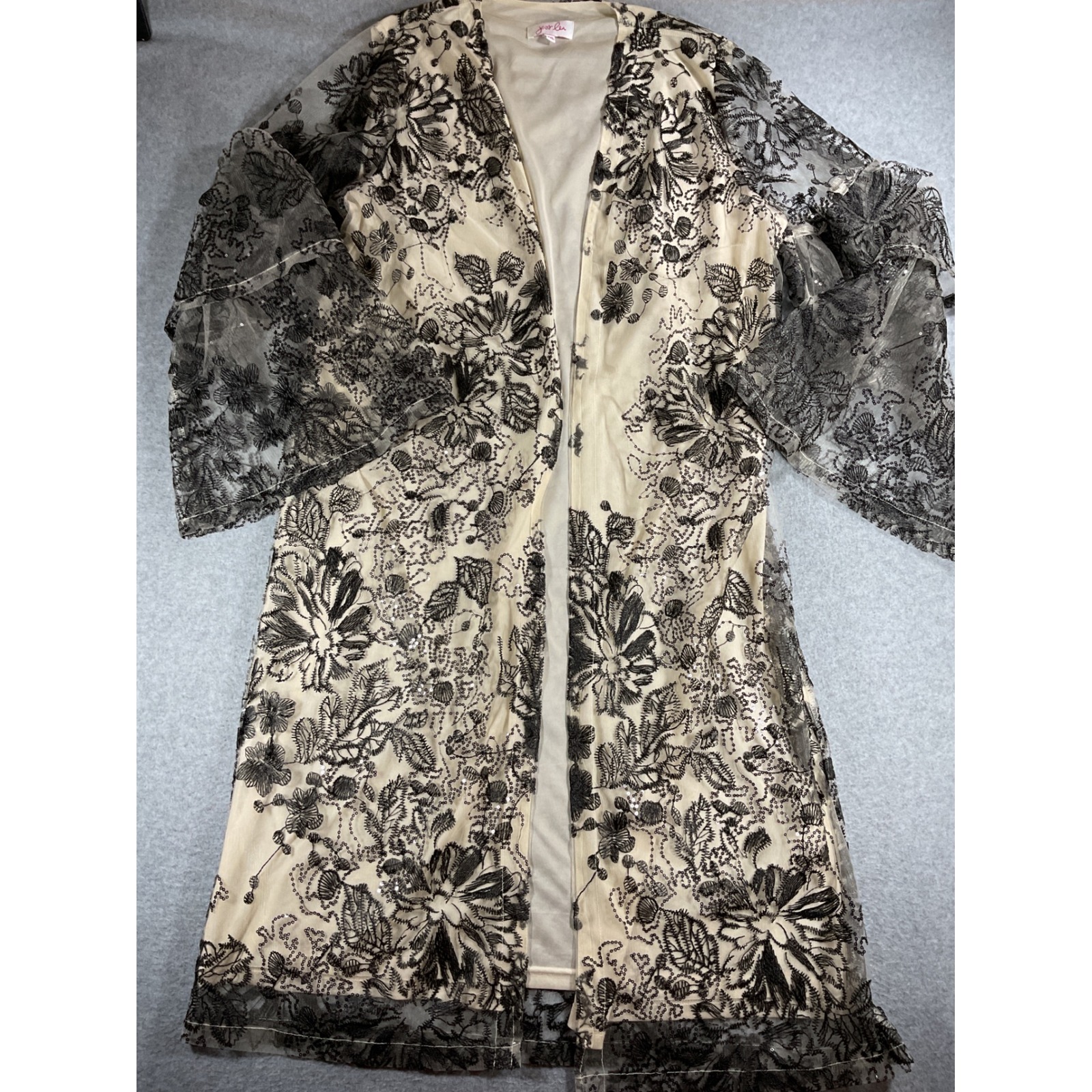 Jess Lea Floral Embroidered Sequin Duster Cardigan L/Xl Bell Sleeve 1496
